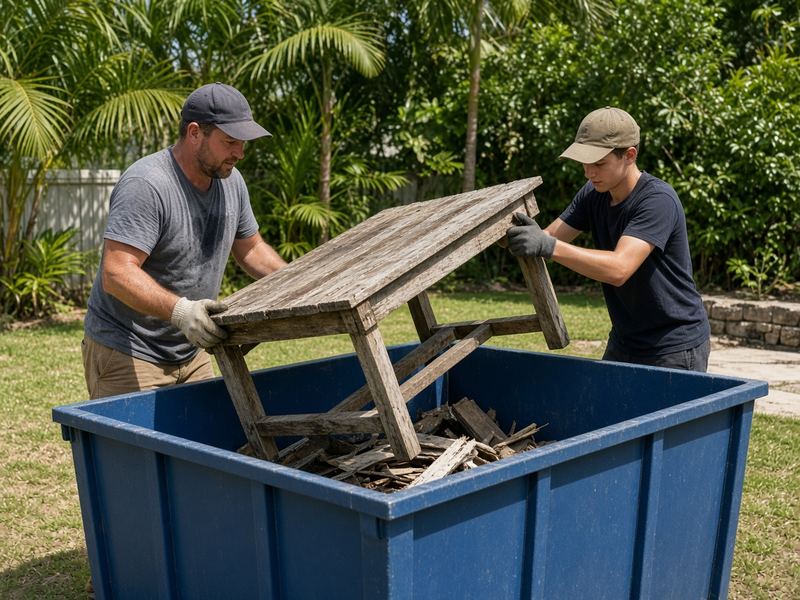 Man and teenager lifting an old table into a blue skip bin